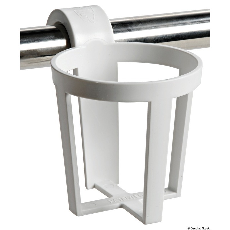 PLASTIC UNIVERSAL GLASS HOLDER FOR SNAP-IN MOUNTING ON PULPITS AND HANDRAILS